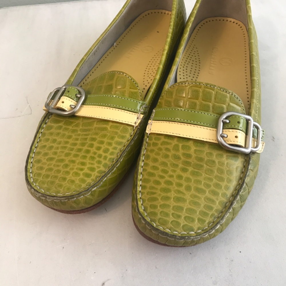 Cole Haan Lime Green Croc-Embossed Leather Loafers with Yellow Accent - Picture 3 of 13